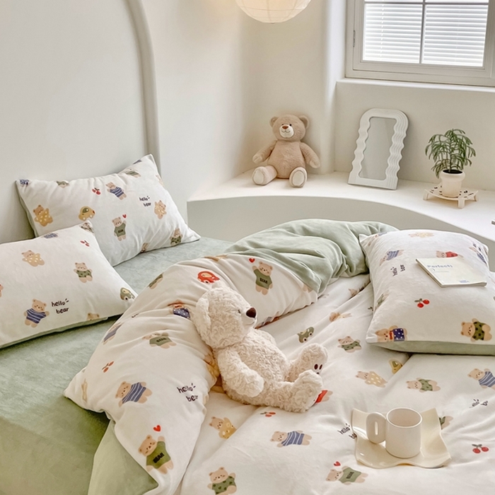 91家纺网 家纺一手货源 找家纺 潘朵拉 2023新款秋冬ins韩系牛奶绒印花四件套 哈喽熊