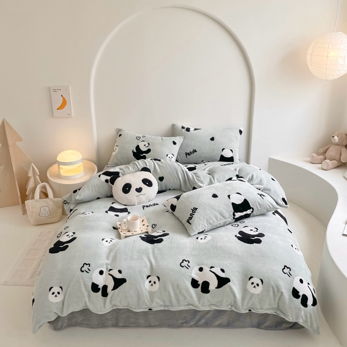 91家纺网 家纺一手货源 找家纺 潘朵拉 2023新款秋冬ins韩系牛奶绒印花四件套 绿色熊猫