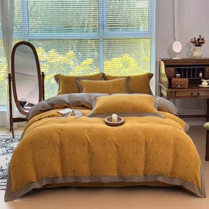 91家纺网 家纺一手货源 找家纺 小欢喜 新款色织全棉双层纱四件套直播爆款 花香蜜蜜-黄