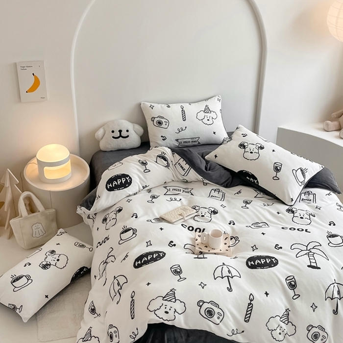 91家纺网 家纺一手货源 找家纺 潘朵拉 2023新款秋冬ins韩系牛奶绒印花四件套 百变狗