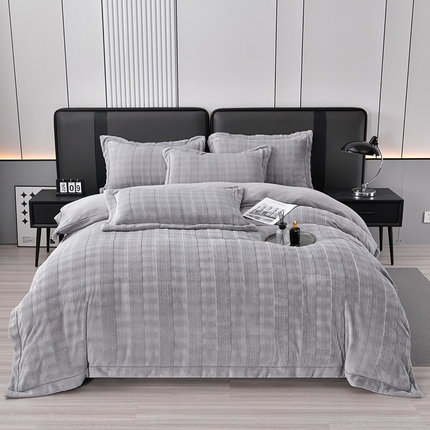 91家纺网 家纺一手货源 找家纺 席之家 2023加厚保暖立体剪花方格兔毛绒四件套-简爱款小田格-都市灰