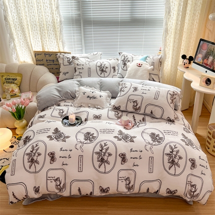 91家纺网 家纺一手货源 找家纺 顾里家纺 2023新款ins少女保暖牛奶绒四件套第二批 素描园林