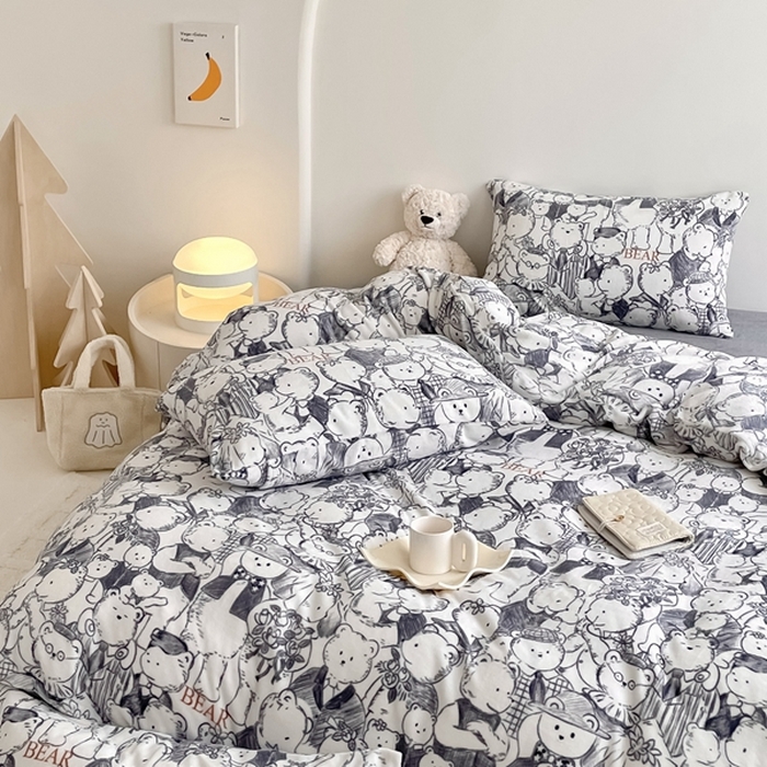 91家纺网 家纺一手货源 找家纺 潘朵拉 2023新款秋冬ins韩系牛奶绒印花四件套 素描熊