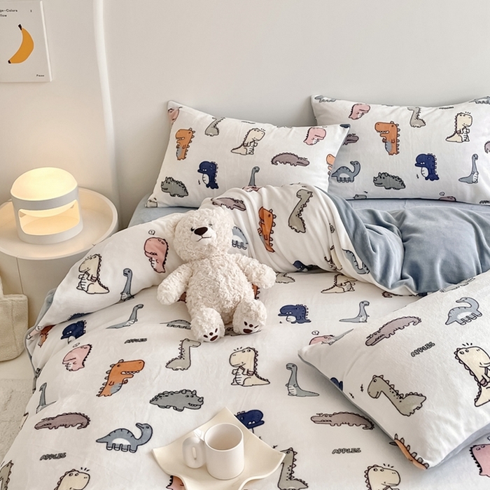 91家纺网 家纺一手货源 找家纺 潘朵拉 2023新款秋冬ins韩系牛奶绒印花四件套 侏罗纪