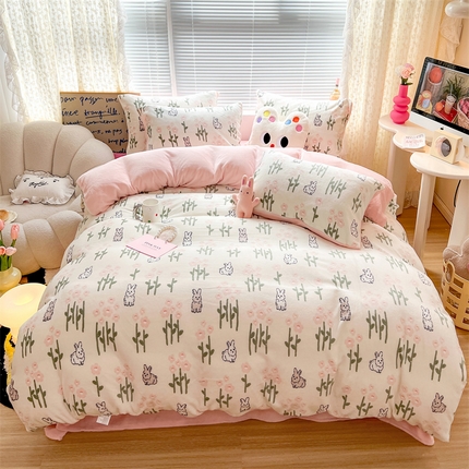 顾里家纺 新款ins少女保暖牛奶绒四件套第二批 花颂小兔