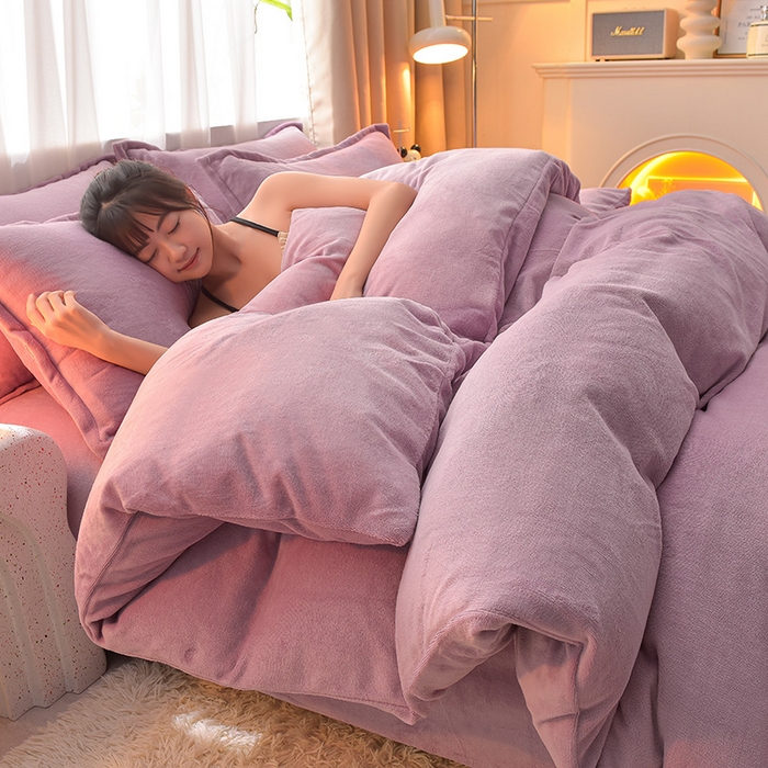 91家纺网 家纺一手货源 找家纺 简爱2025新款纯色双拼牛奶绒四件套被套（跑量款）直播 优雅紫