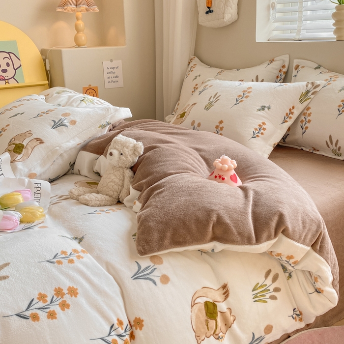 91家纺网 家纺一手货源 找家纺 沐慕 2024新款牛奶绒加厚保暖卡通印花四件套 田园松鼠