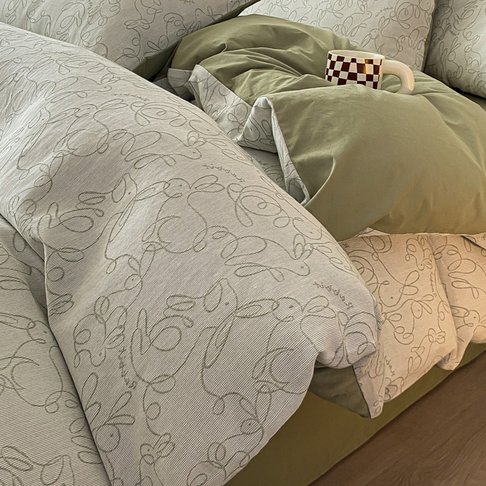 91家纺网 家纺一手货源 找家纺 ab家纺 2023新款沐云提花套件 线条绿