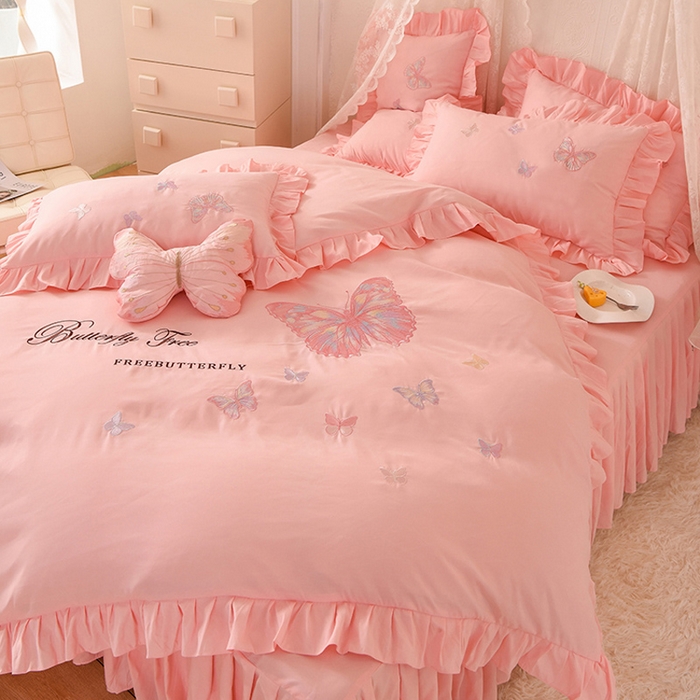 91家纺网 家纺一手货源 找家纺 丝印良品 2023新款秋冬保暖云锦棉刺绣花边羽蝶系列四件套 羽蝶-玉色