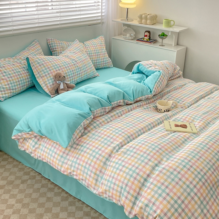91家纺网 家纺一手货源 找家纺 新款亲肤磨毛无印风格子水洗m床单床笠被套学生宿舍三件套四件套 冰激凌格