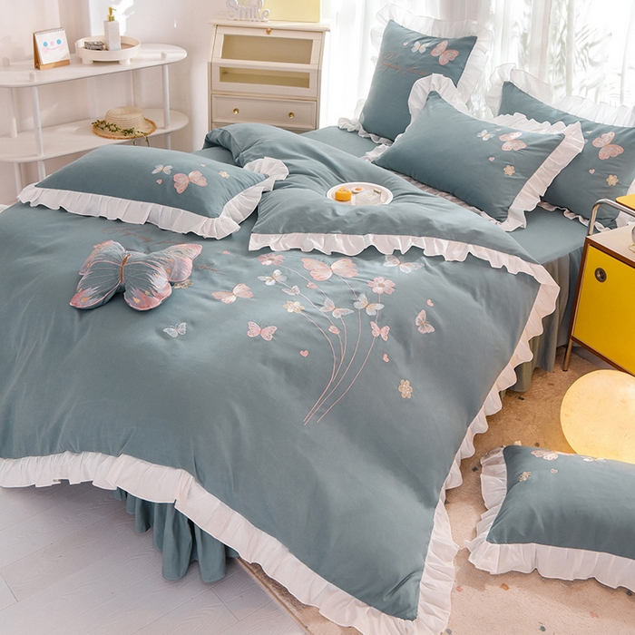 91家纺网 家纺一手货源 找家纺 丝印良品 2023新款秋冬保暖云锦棉刺绣花边春卉系列四件套 春卉-黛蓝