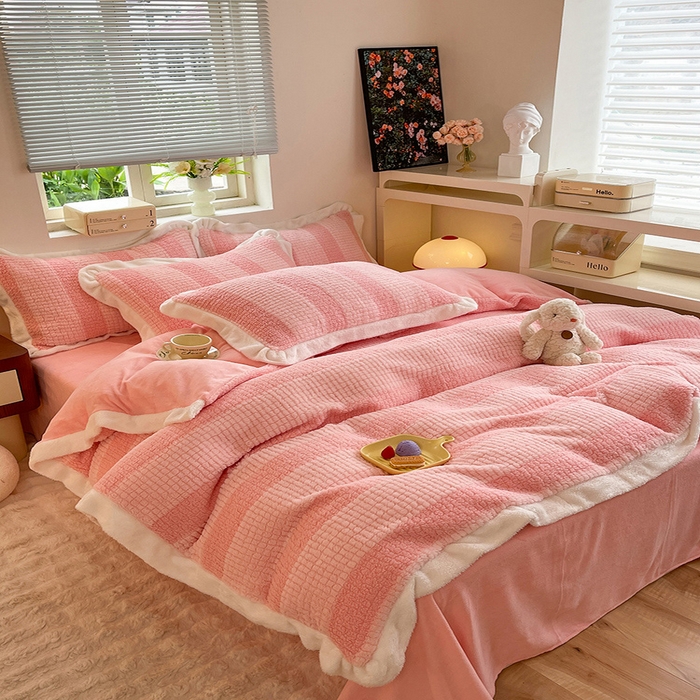 91家纺网 家纺一手货源 找家纺 丝印良品 2023新款泰迪绒兔绒牛奶绒四件套 泰迪绒-玫瑰粉