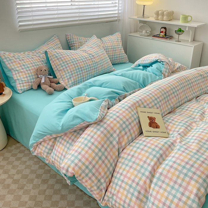91家纺网 家纺一手货源 找家纺 新款亲肤磨毛无印风格子水洗m床单床笠被套学生宿舍三件套四件套 冰激凌格