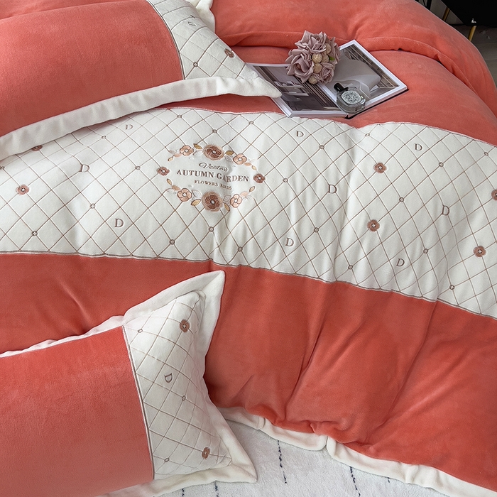 91家纺网 家纺一手货源 找家纺 丝印良品 2023秋冬高端刺绣菲曼牛奶绒四件套 菲曼-活力橙