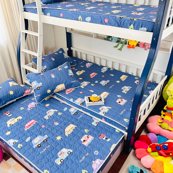 91家纺网 家纺一手货源 找家纺 小虾米 2023新款全棉卡通上下床夹棉系列床笠 宝宝巴士蓝