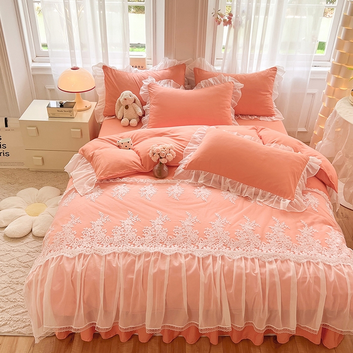 91家纺网 家纺一手货源 找家纺 唐人居 2025新款亲肤磨毛花边款床裙系列--秘密花园 秘密花园-橙