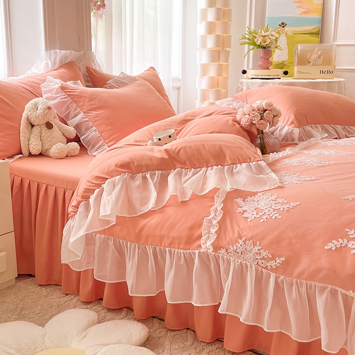 91家纺网 家纺一手货源 找家纺 唐人居 2025新款亲肤磨毛花边款床裙系列--秘密花园 秘密花园-橙