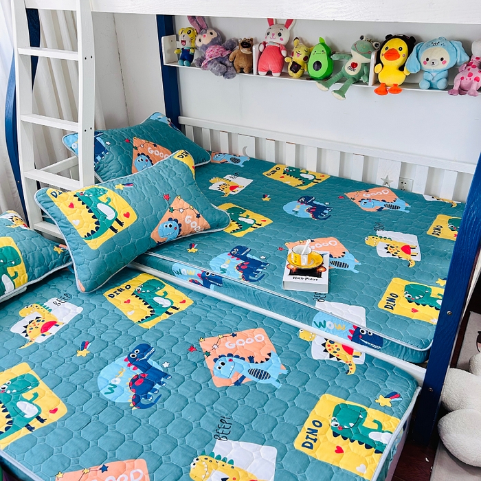 91家纺网 家纺一手货源 找家纺 小虾米 2023新款全棉卡通上下床夹棉系列床笠 恐龙家族绿