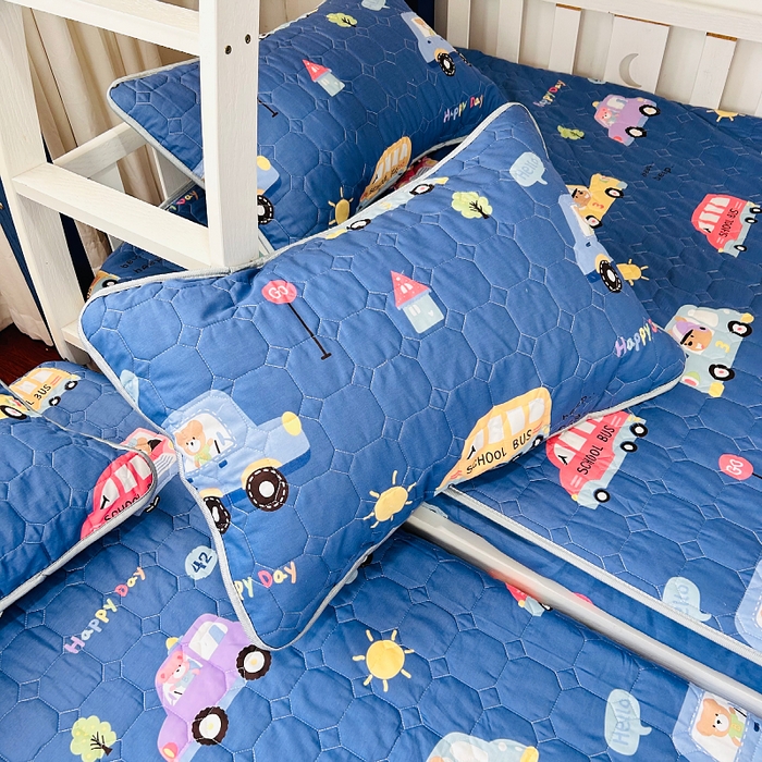 91家纺网 家纺一手货源 找家纺 小虾米 2023新款全棉卡通上下床夹棉系列床笠 宝宝巴士蓝