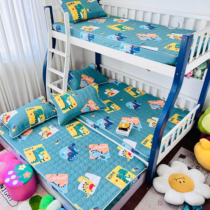 91家纺网 家纺一手货源 找家纺 小虾米 2023新款全棉卡通上下床夹棉系列床笠 恐龙家族绿