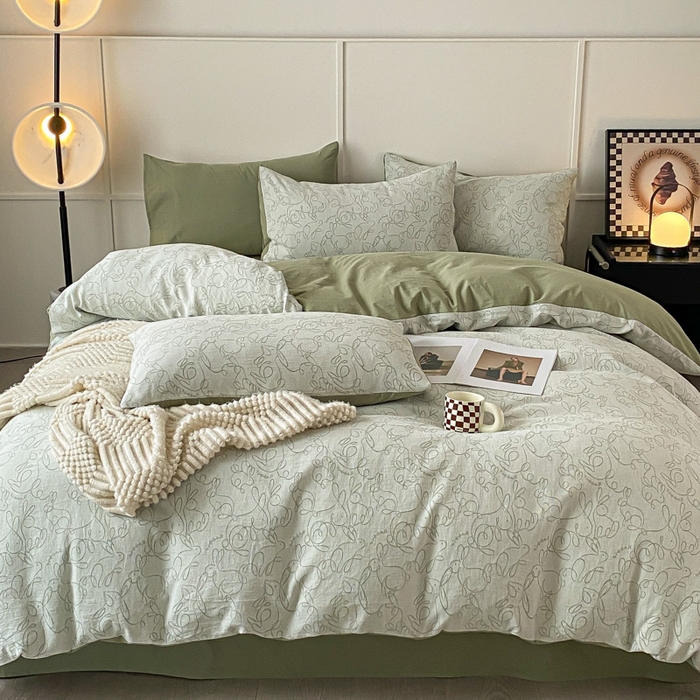 91家纺网 家纺一手货源 找家纺 ab家纺 2023新款沐云提花套件 线条绿