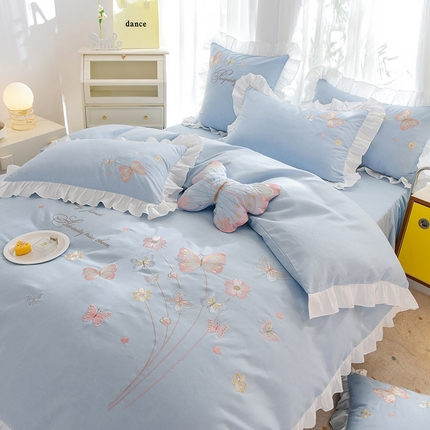 丝印良品 2023新款秋冬保暖云锦棉刺绣花边春卉系列四件套 春卉-慕蓝