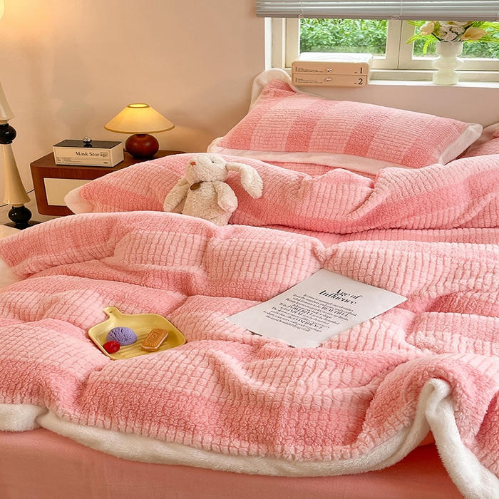 91家纺网 家纺一手货源 找家纺 丝印良品 2023新款泰迪绒兔绒牛奶绒四件套 泰迪绒-玫瑰粉