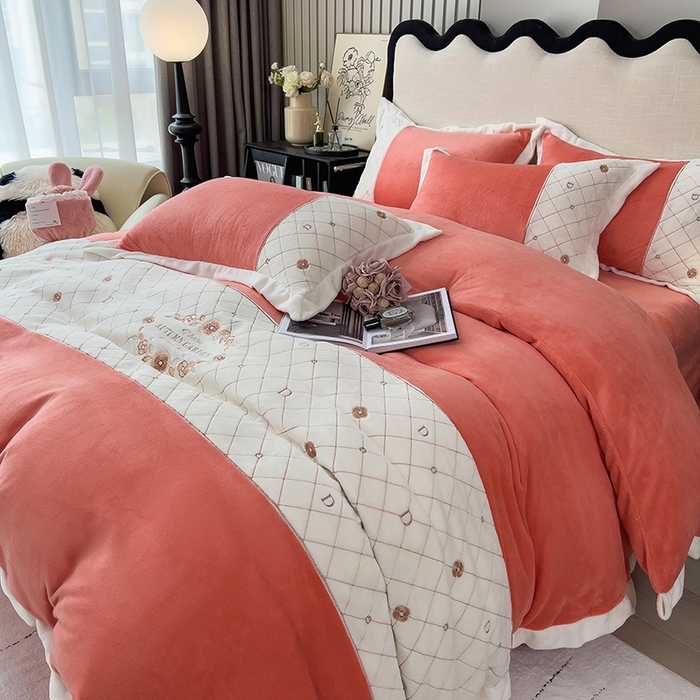 91家纺网 家纺一手货源 找家纺 丝印良品 2023秋冬高端刺绣菲曼牛奶绒四件套 菲曼-活力橙