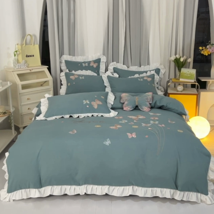 91家纺网 家纺一手货源 找家纺 丝印良品 2023新款秋冬保暖云锦棉刺绣花边春卉系列四件套 春卉-黛蓝