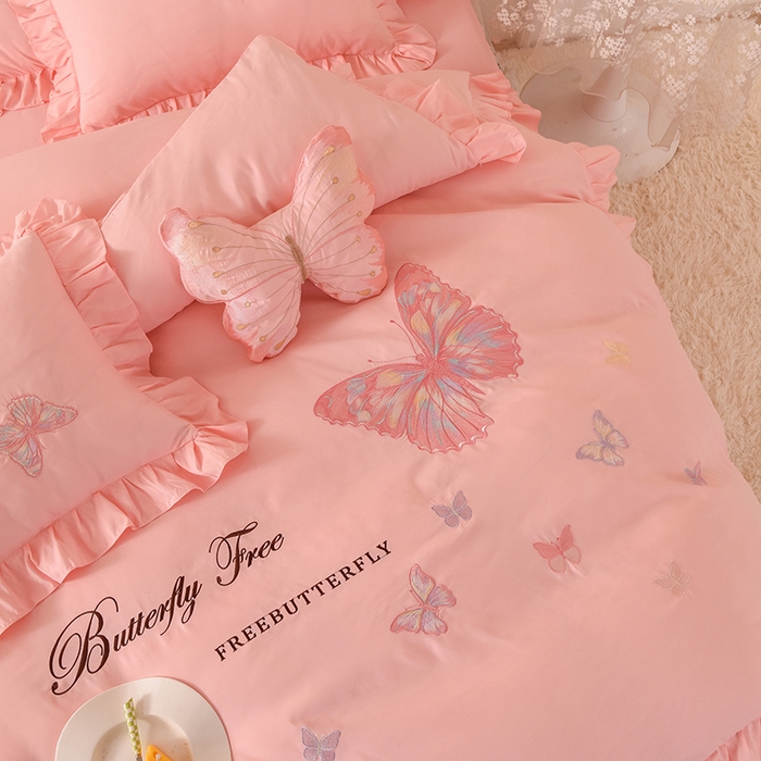 91家纺网 家纺一手货源 找家纺 丝印良品 2023新款秋冬保暖云锦棉刺绣花边羽蝶系列四件套 羽蝶-玉色