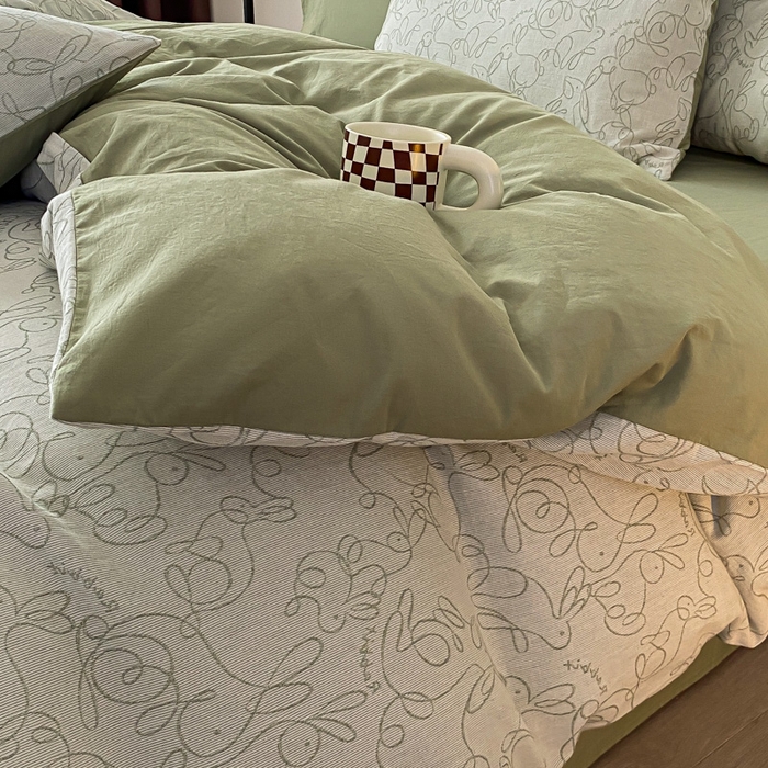 91家纺网 家纺一手货源 找家纺 ab家纺 2023新款沐云提花套件 线条绿