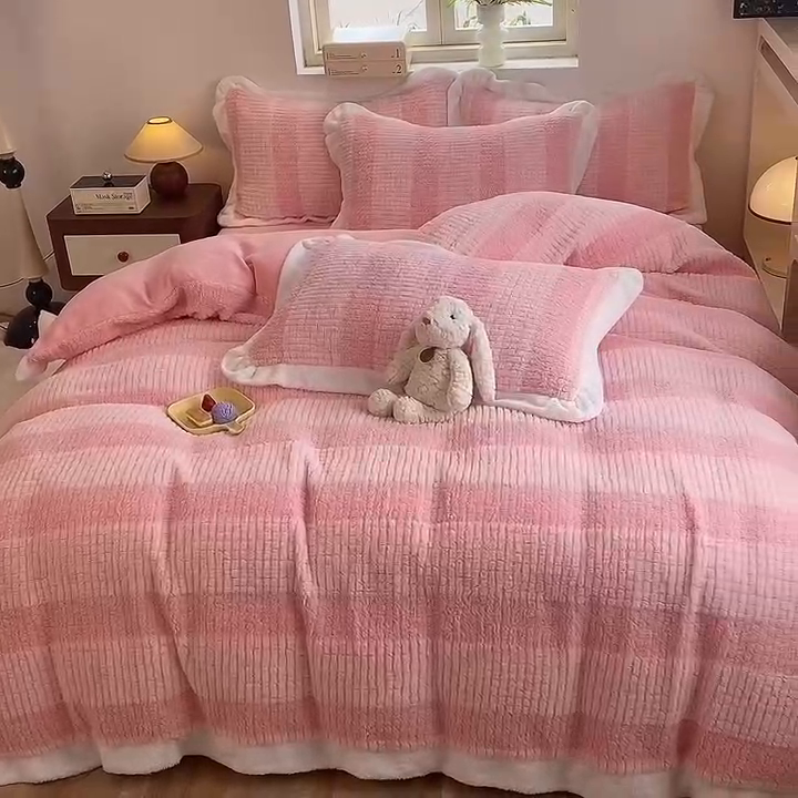 91家纺网 家纺一手货源 找家纺 丝印良品 2023新款泰迪绒兔绒牛奶绒四件套 泰迪绒-玫瑰粉