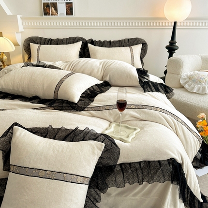 91家纺网 家纺一手货源 找家纺 其奥 2023新款法式大花边轻奢风纯色加厚牛奶绒四件套 草香绿