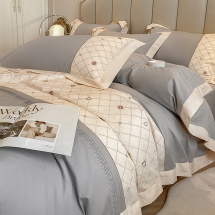丝印良品 2023秋冬保暖60S全棉刺绣拼接菲曼系列四件套 菲曼-淡雅灰