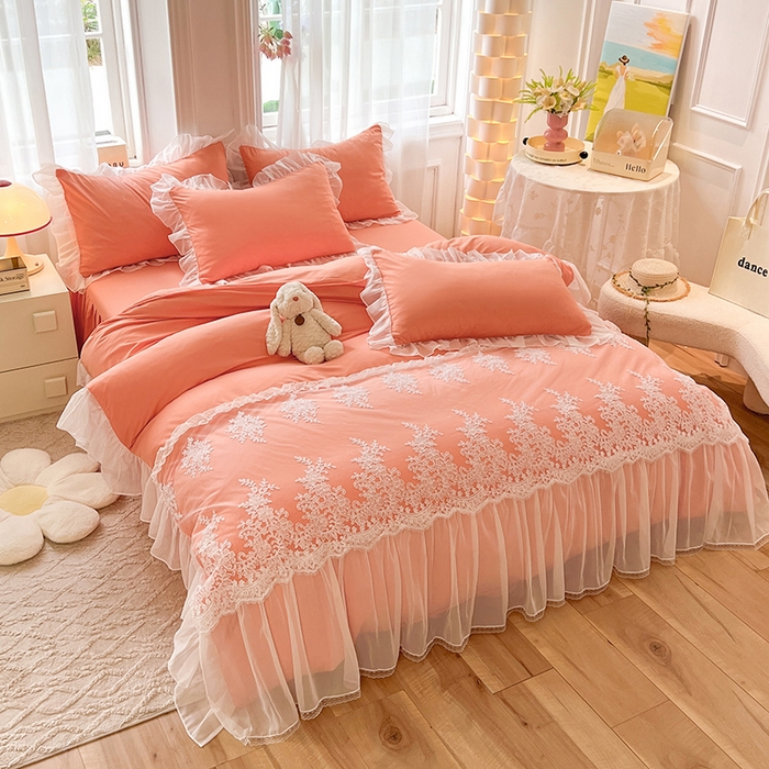 91家纺网 家纺一手货源 找家纺 唐人居 2025新款亲肤磨毛花边款床裙系列--秘密花园 秘密花园-橙