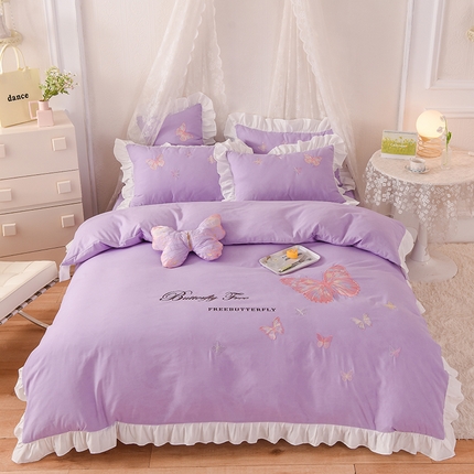 丝印良品 2023新款秋冬保暖云锦棉刺绣花边羽蝶系列四件套 羽蝶-紫色