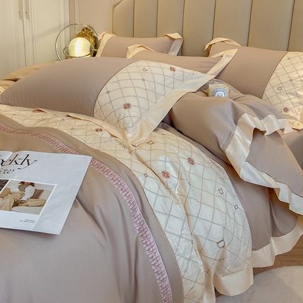 丝印良品 2023秋冬保暖60S全棉刺绣拼接菲曼系列四件套 菲曼-奶咖色