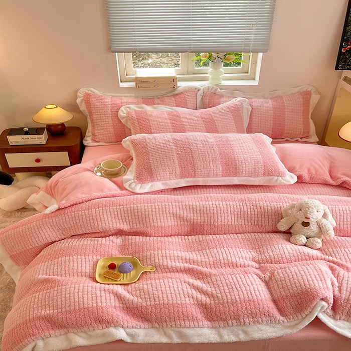 91家纺网 家纺一手货源 找家纺 丝印良品 2023新款泰迪绒兔绒牛奶绒四件套 泰迪绒-玫瑰粉