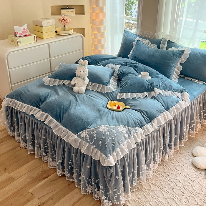 91家纺网 家纺一手货源 找家纺 唐人居 2025新款宝宝绒米朵系列-床裙 米朵-深蓝