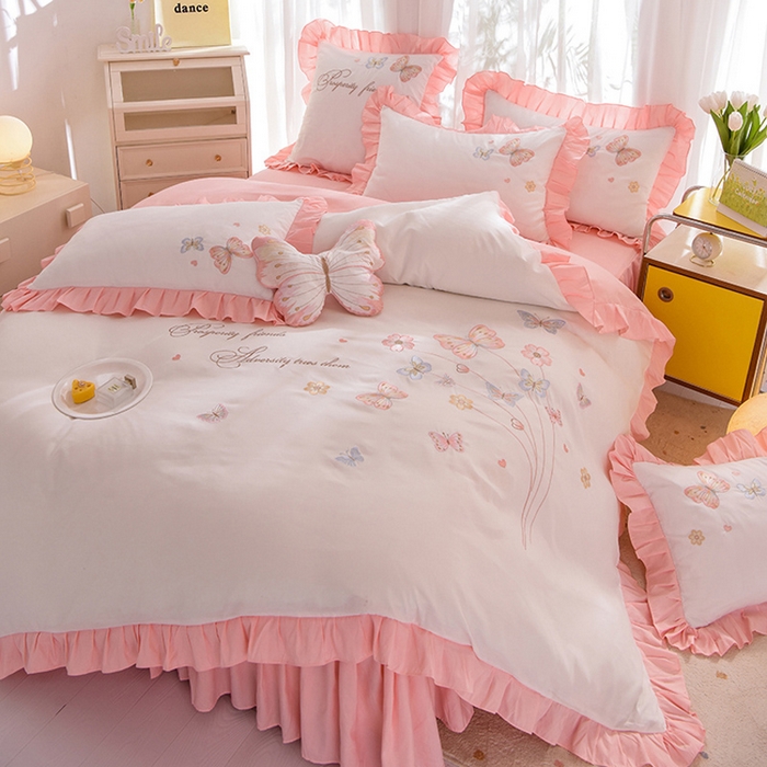 91家纺网 家纺一手货源 找家纺 丝印良品 2023新款秋冬保暖云锦棉刺绣花边春卉系列四件套 春卉-白玉