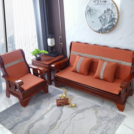 童氏家纺 2023新款棉麻中式沙发垫坐垫带靠背连体海绵椅垫老式沙发坐垫 相思格-锈红