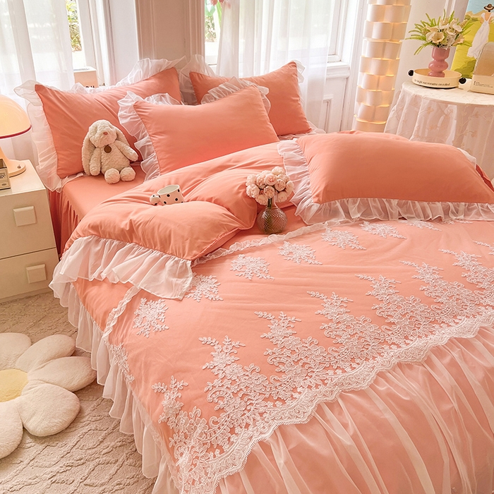 91家纺网 家纺一手货源 找家纺 唐人居 2025新款亲肤磨毛花边款床裙系列--秘密花园 秘密花园-橙