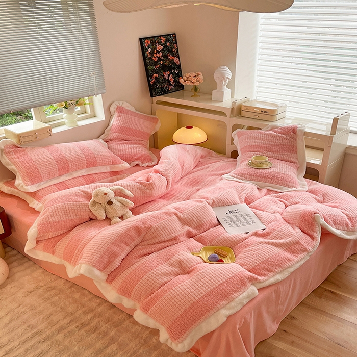 91家纺网 家纺一手货源 找家纺 丝印良品 2023新款泰迪绒兔绒牛奶绒四件套 泰迪绒-玫瑰粉