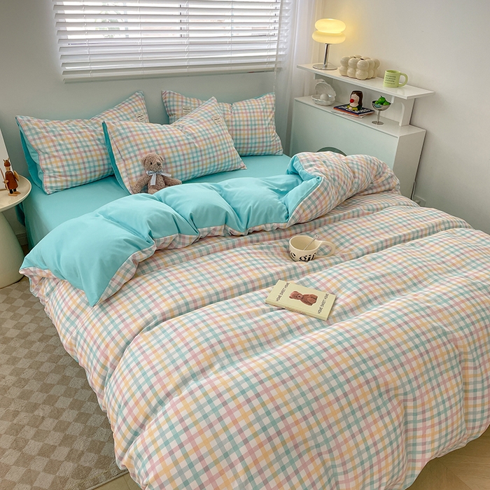 91家纺网 家纺一手货源 找家纺 新款亲肤磨毛无印风格子水洗m床单床笠被套学生宿舍三件套四件套 冰激凌格