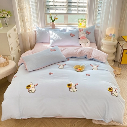 丝印良品 2023新款秋冬保暖专版水洗棉麻毛巾绣四件套 兔宝贝-兰