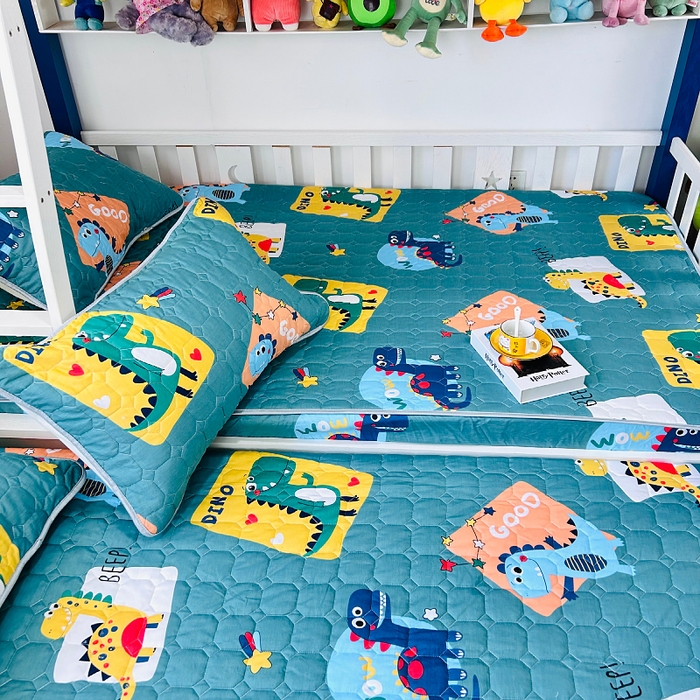 91家纺网 家纺一手货源 找家纺 小虾米 2023新款全棉卡通上下床夹棉系列床笠 恐龙家族绿