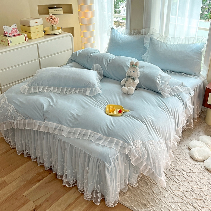 91家纺网 家纺一手货源 找家纺 唐人居 2025新款宝宝绒米朵系列-床裙 米朵-浅蓝