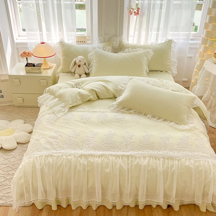 91家纺网 家纺一手货源 找家纺 唐人居 2025新款亲肤磨毛花边款床裙系列--秘密花园 秘密花园-奶白