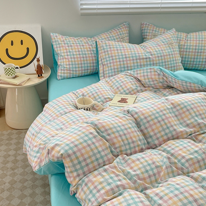 91家纺网 家纺一手货源 找家纺 新款亲肤磨毛无印风格子水洗m床单床笠被套学生宿舍三件套四件套 冰激凌格