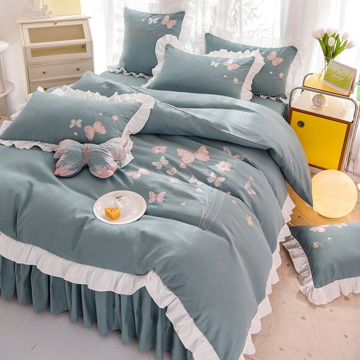 91家纺网 家纺一手货源 找家纺 丝印良品 2023新款秋冬保暖云锦棉刺绣花边春卉系列四件套 春卉-黛蓝